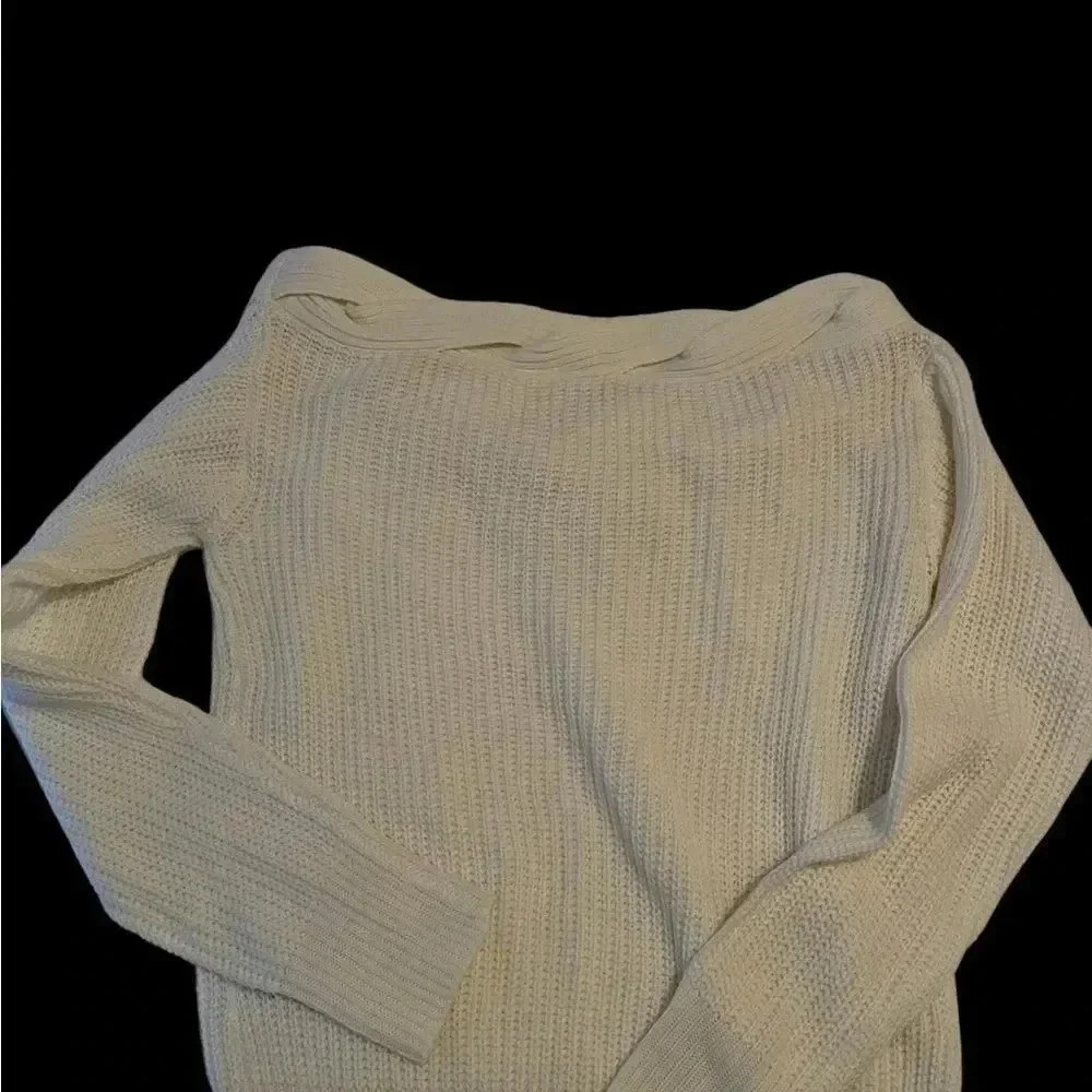Off the shoulder cream sweater with braided neckline. - Picture 3 of 7